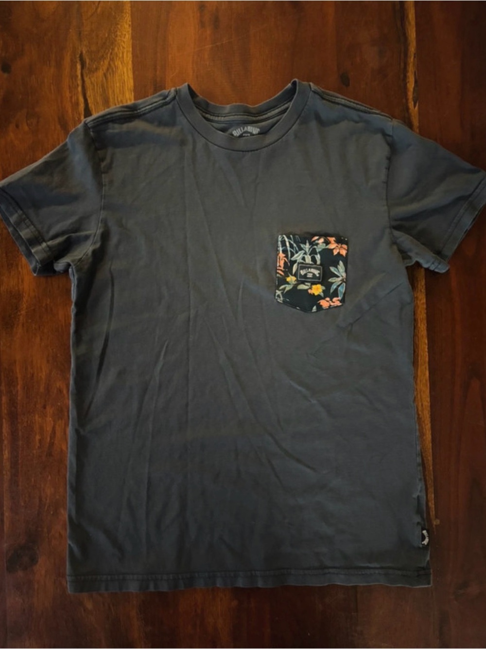 Billabong Charcoal Gray Short Sleeve Tee with Floral Pocket